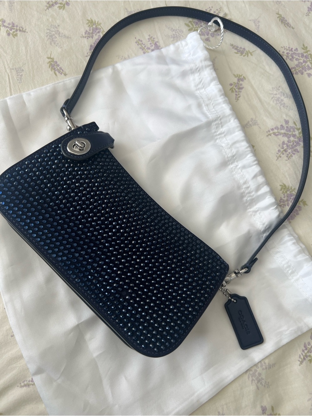 Coach Midnight Blue Crystal-Studded Shoulder Bag with Turn-Lock